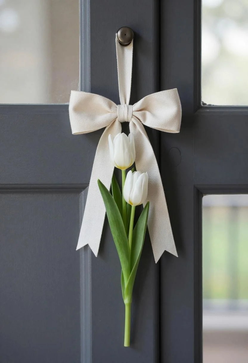 Minimalist cream linen bow with fresh white tulips hanging on a charcoal steel front door