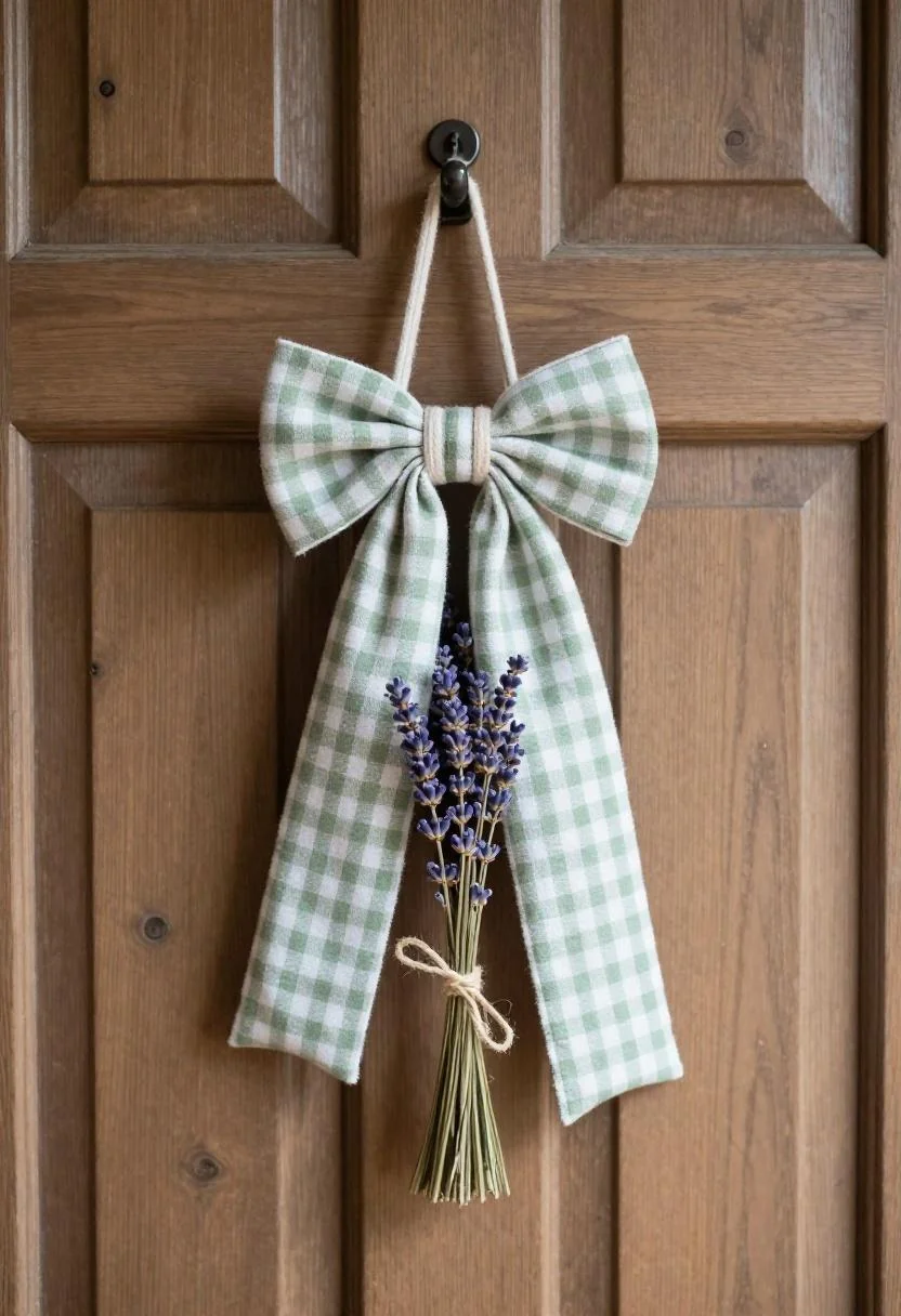 Sage gingham bow with dried lavender bundle hanging on a vintage panelled oak door
