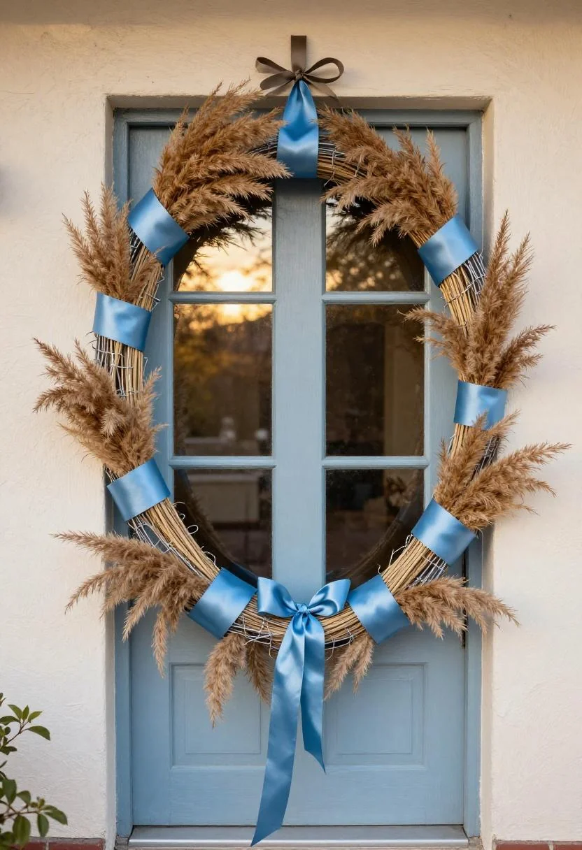 Cool blue silk ribbon wreath with cascading pampas grass beside an ivory plaster wall door
