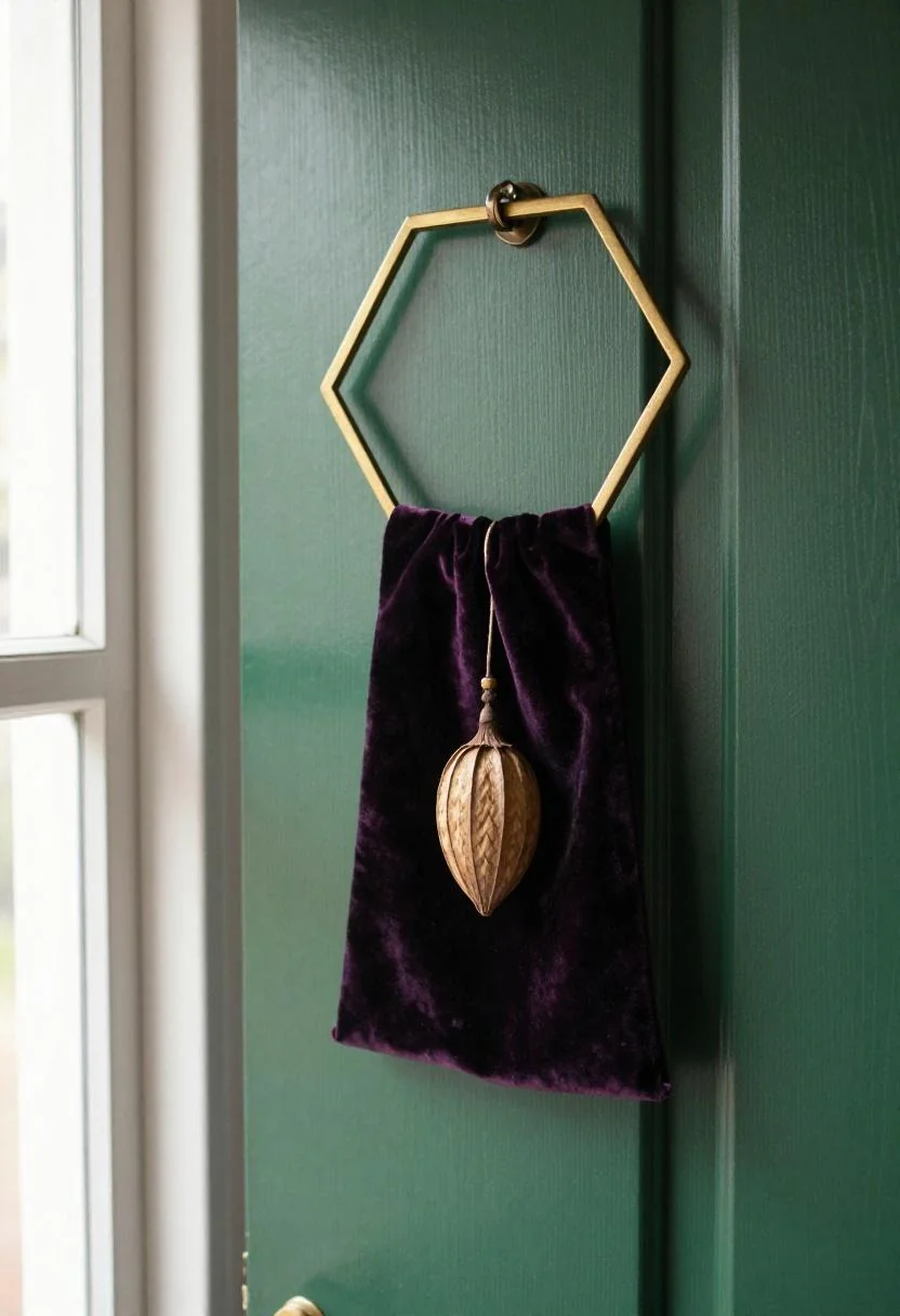Neo Deco brass hexagon frame with plum velvet sash on a lacquered forest green door