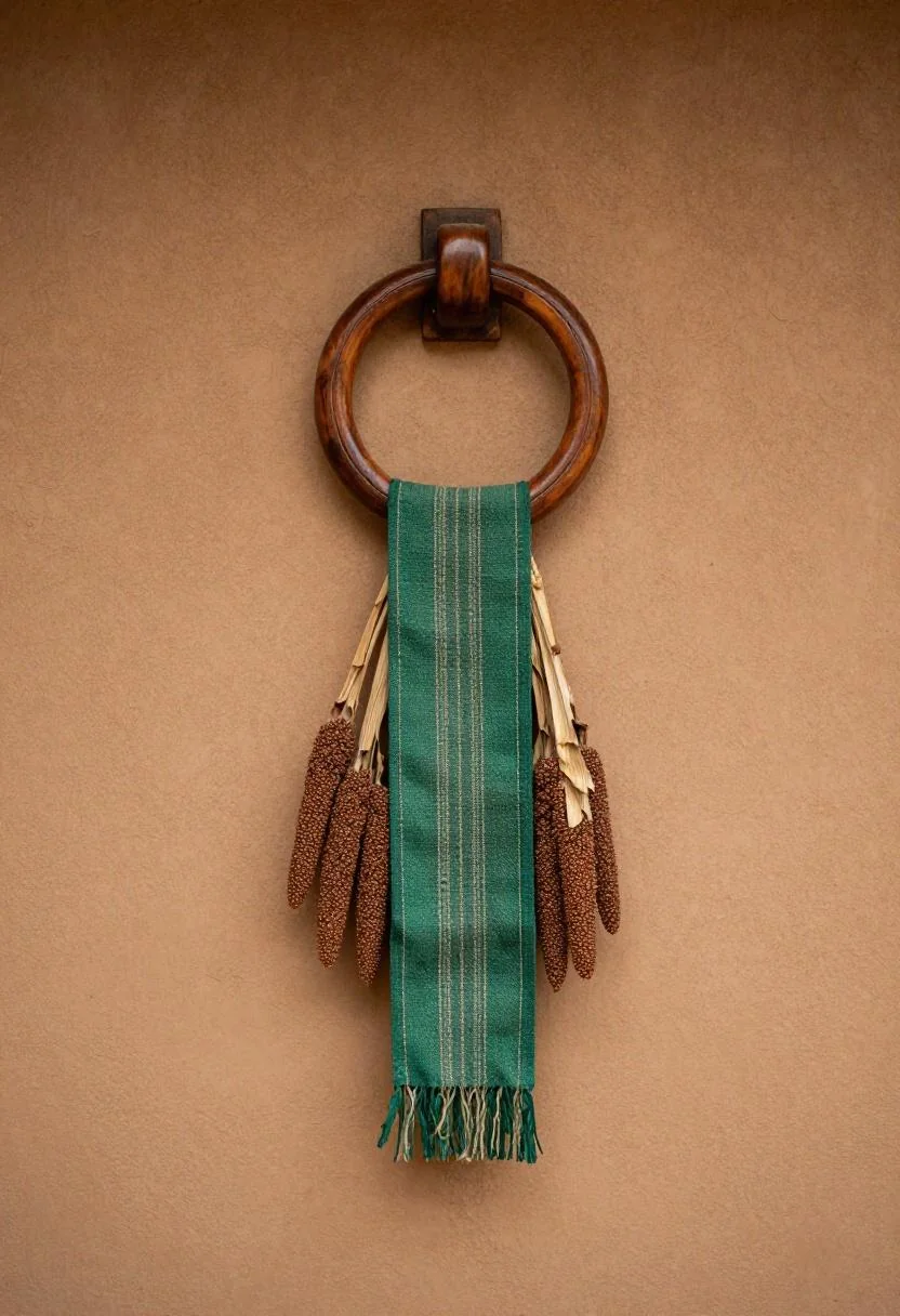 Afrohemian acacia ring with jade mudcloth strip and dried millet on a clay wall entryway