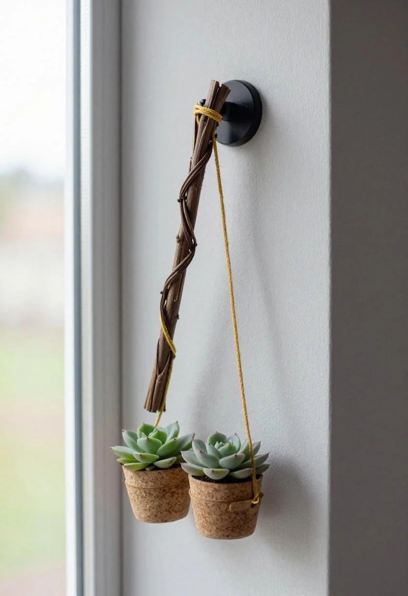 Twisted willow loop with wasabi jute cord and cork-potted succulents mounted on a stucco wall