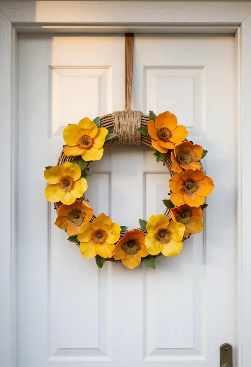 Rattan oval wreath with persimmon crepe poppies and sisal twine on a white panelled door