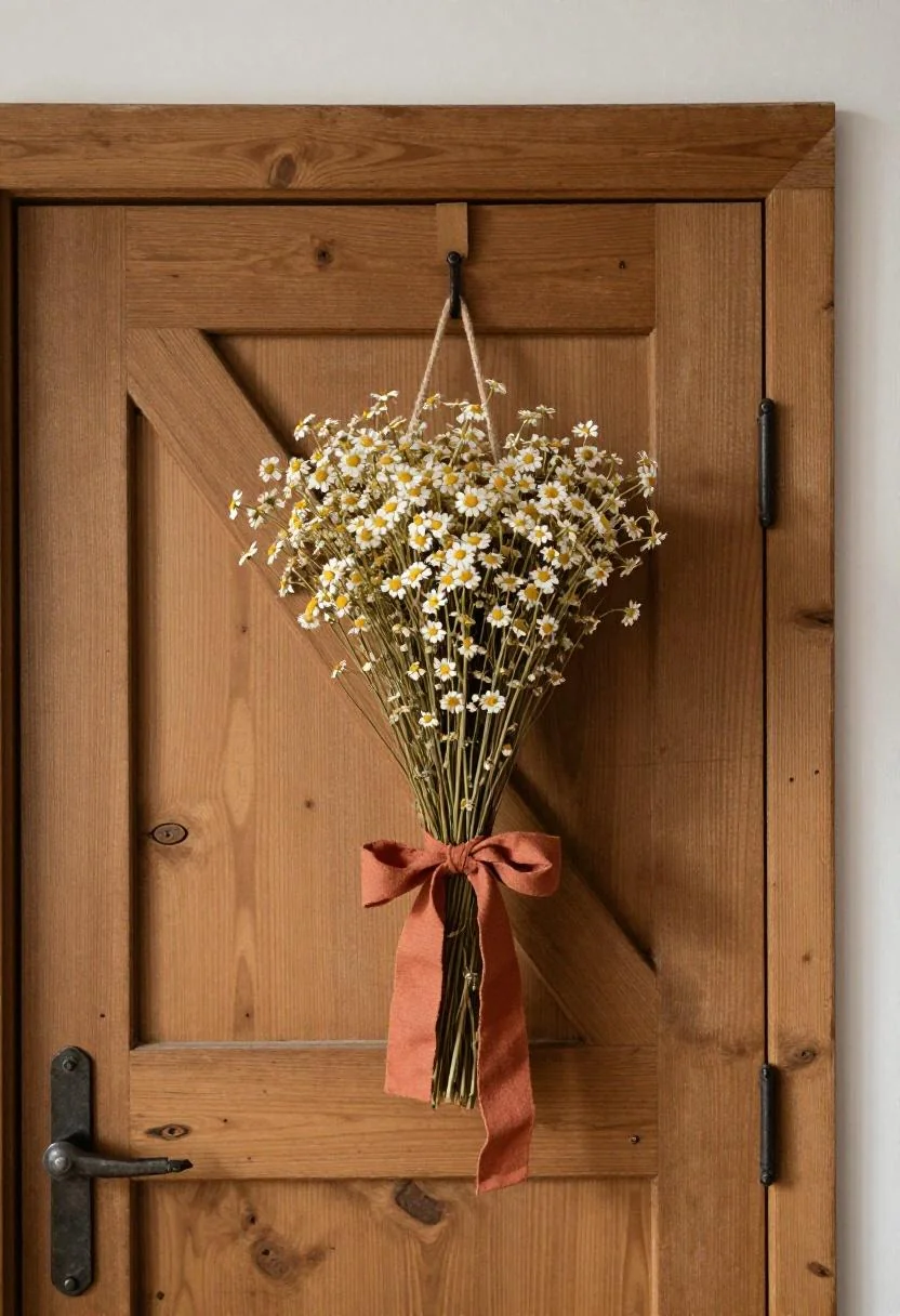 Dried chamomile bundle tied in terracotta linen ribbon on a reclaimed barn-wood door