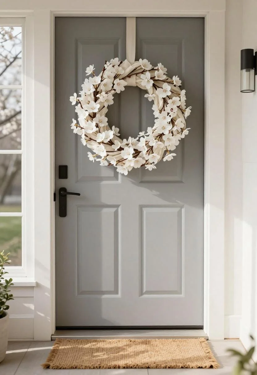 Cream cotton wreath with fresh cherry blossom branches on a dove-grey lacquered front door