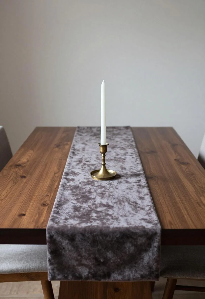 Neo Deco Easter table with plum velvet runner and fluted brass candlestick