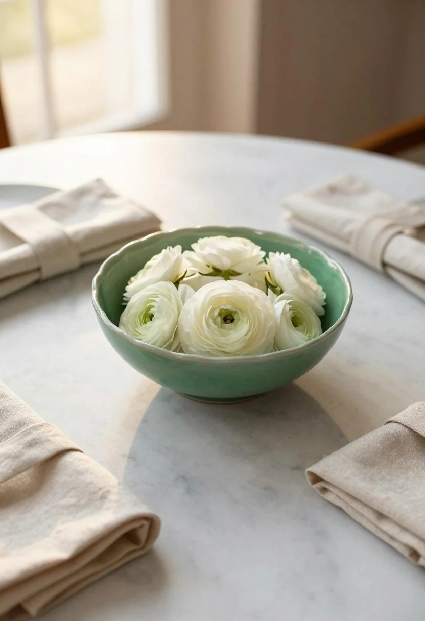 Jade green ceramic bowl of ranunculus as a spring table centerpiece on marble