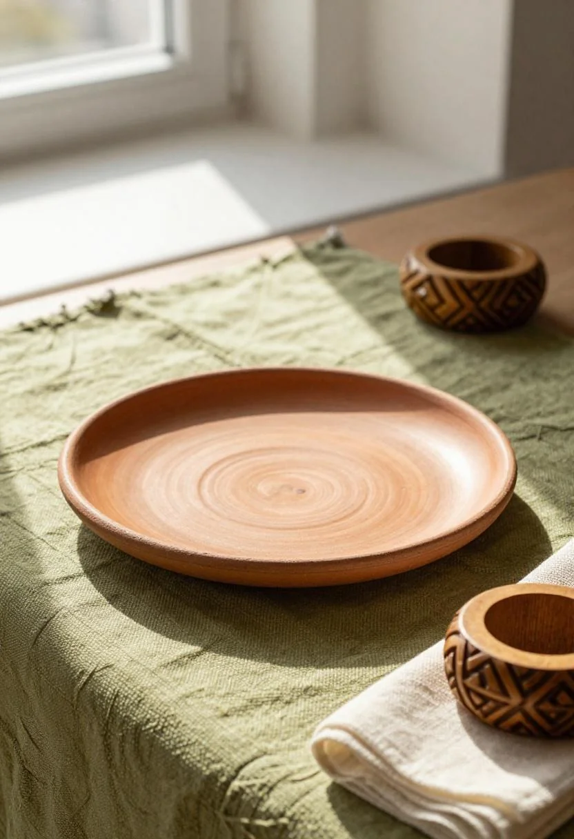 Afrohemian spring table with wasabi mudcloth placemat and carved acacia napkin ring