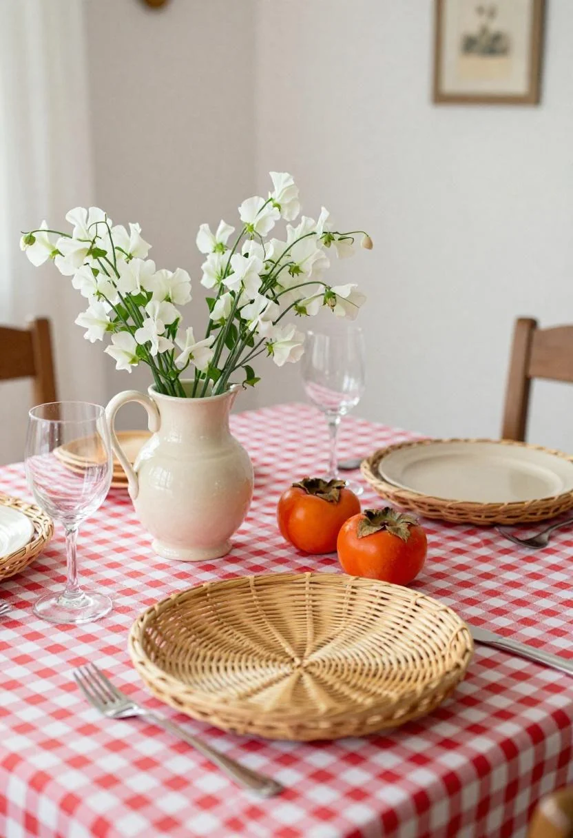 Cottagecore Easter table with persimmon gingham cloth and vintage stoneware pitcher of sweet peas