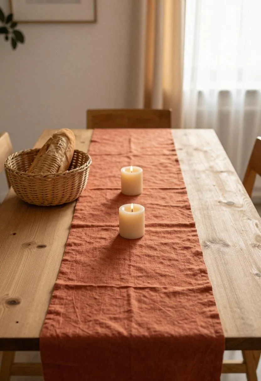 Terracotta linen runner with seagrass bread basket and beeswax candle for spring gatherings