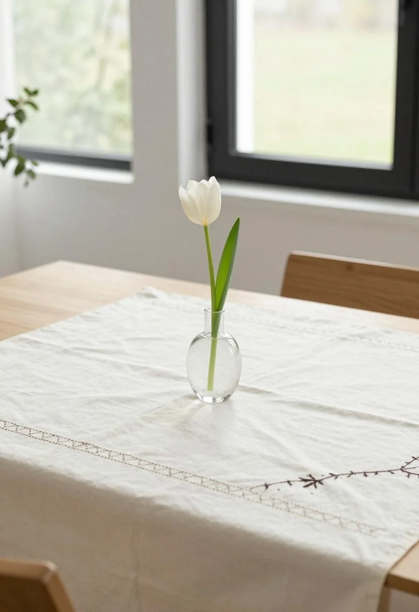 Minimalist spring table with cream embroidered cloth and hand-blown glass vase holding a single tulip