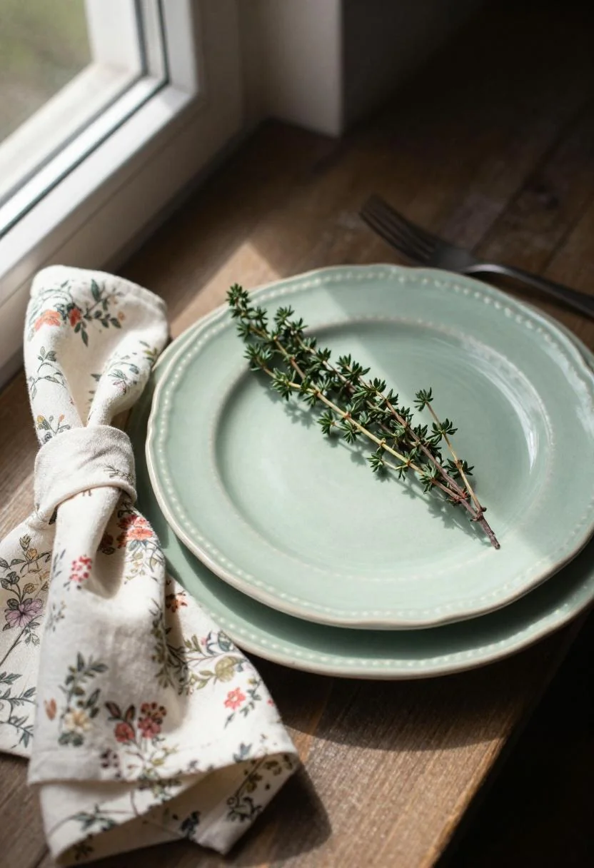 Cottagecore sage green stoneware plate with fresh thyme sprig for an Easter place setting