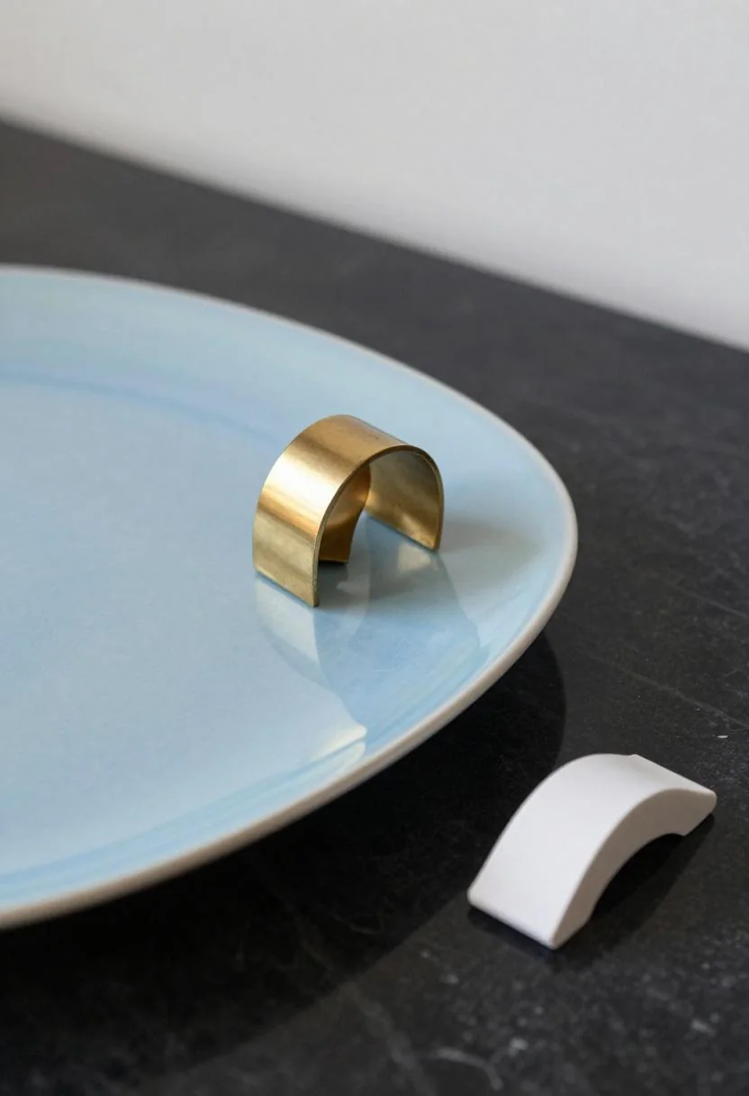 Neo Deco spring table with cool blue porcelain plate and geometric brass napkin ring on marble