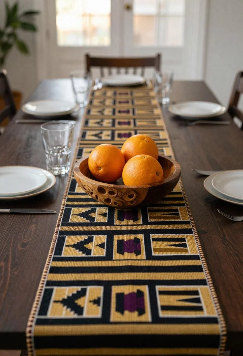 Afrohemian Easter table with kente-inspired plum and gold runner and carved mango wood bowl