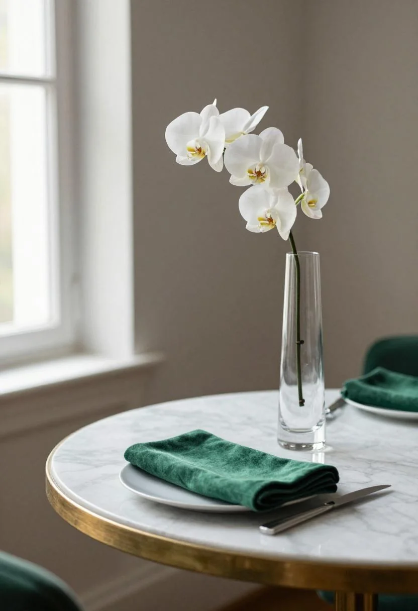 Maximalist spring table with jade velvet napkin and fluted glass vase holding a white orchid