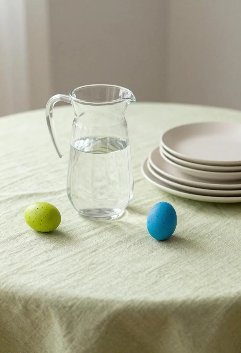 Bold wasabi linen tablecloth paired with ribbed glass pitcher and handmade ceramic plates