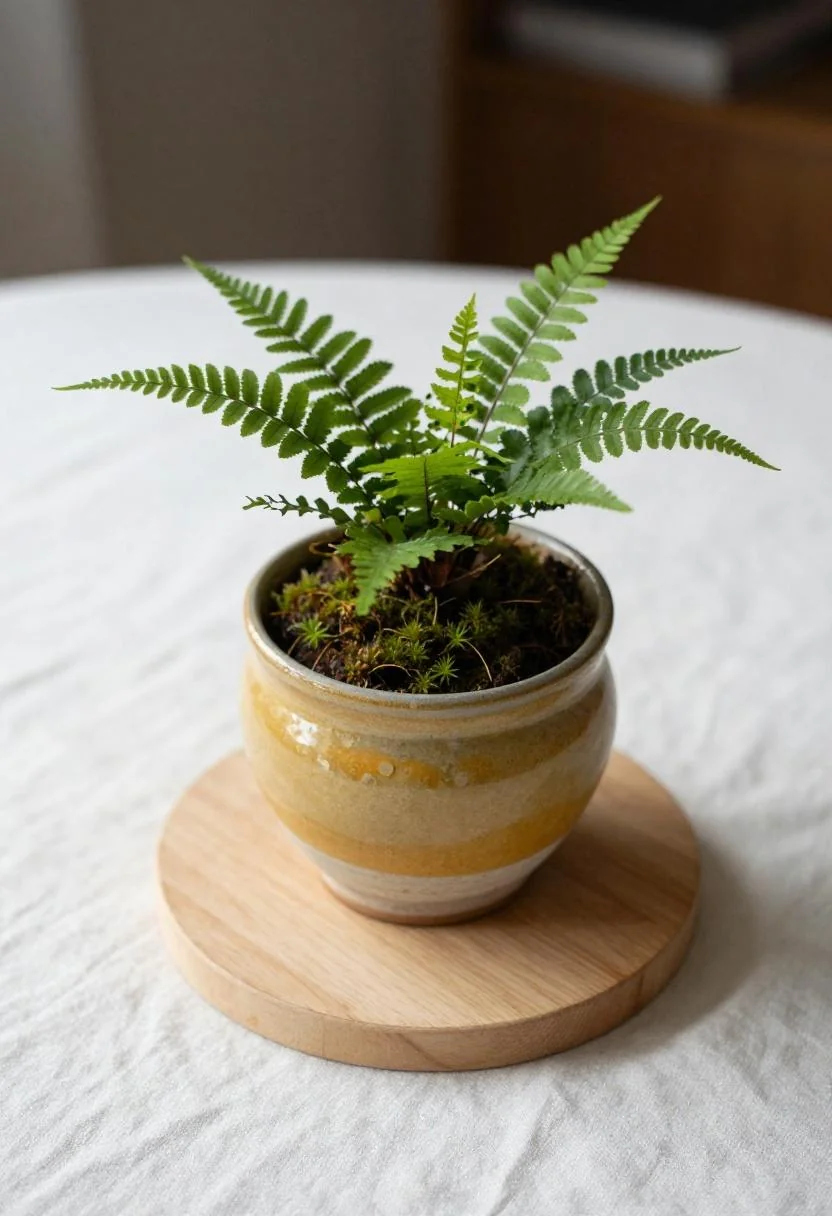 Cottagecore spring centerpiece with persimmon ceramic pot of moss fern on a pine trivet