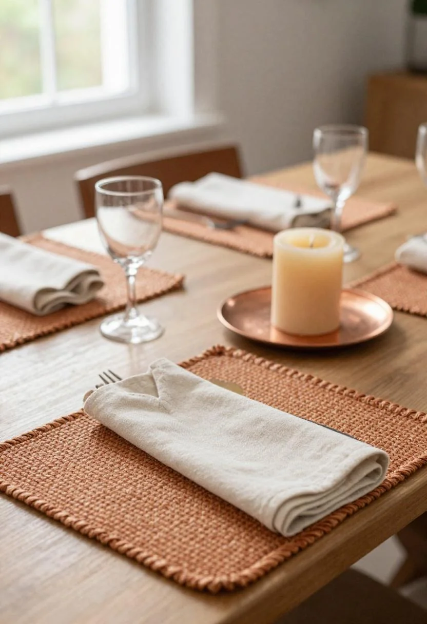 Terracotta jute placemat with fan-folded linen napkin and beeswax candle on copper plate