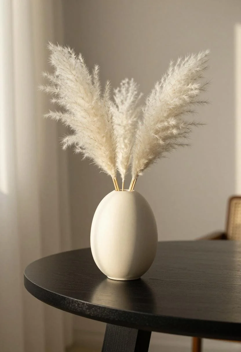Neo Deco Easter accent with cream fluted porcelain egg vase and dried pampas grass stems