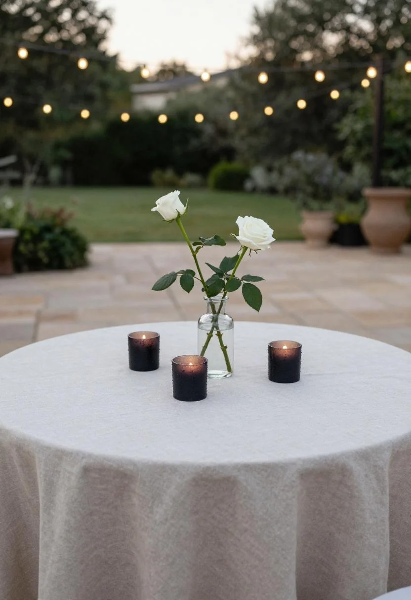 Linen-draped reception table with plum noir votives and a white rose bud vase under string lights