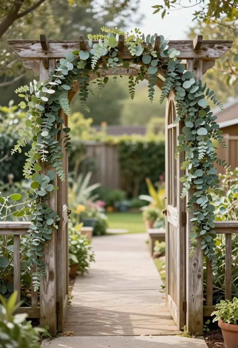 Cedar arbor draped with jade green eucalyptus garland framing an open garden ceremony arch