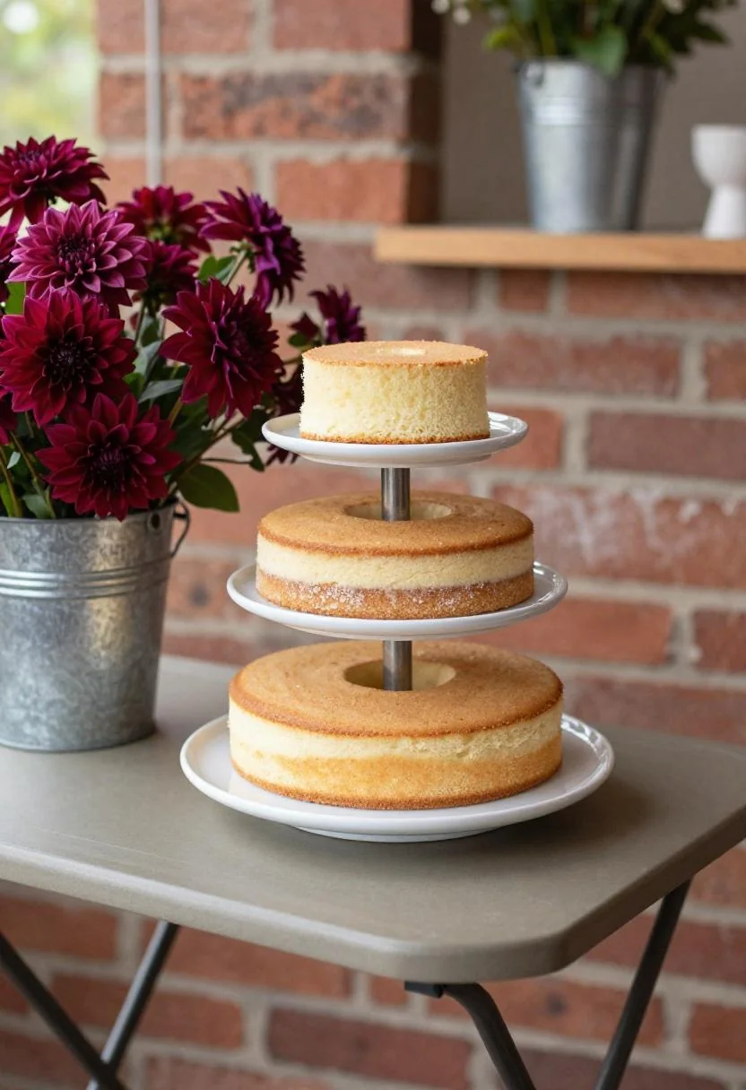 Naked sponge cake on ceramic stand flanked by persimmon dahlias in galvanized tin on a shaded patio