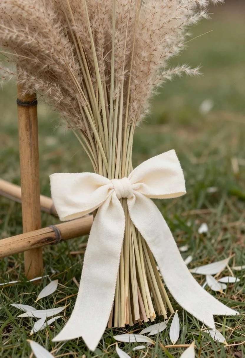 Cream white muslin ribbon and pampas grass bundle accenting a bamboo garden ceremony arch