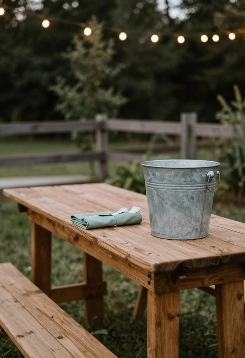 Rattan chairs with cool blue linen sashes encircling a concrete fire pit for a budget wedding lounge