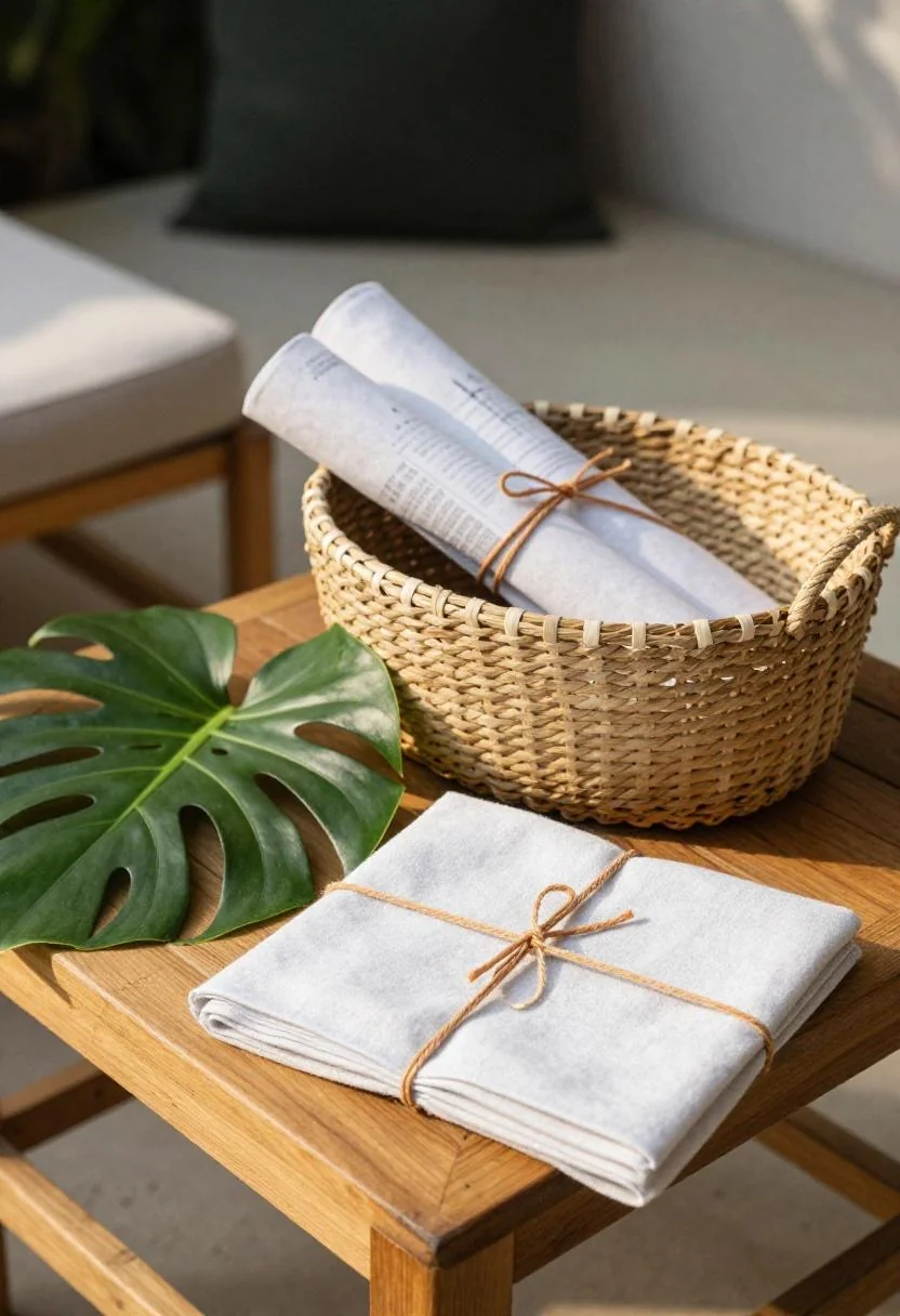 Seagrass basket of linen programs tied in persimmon twine beside a monstera leaf on a teak patio table