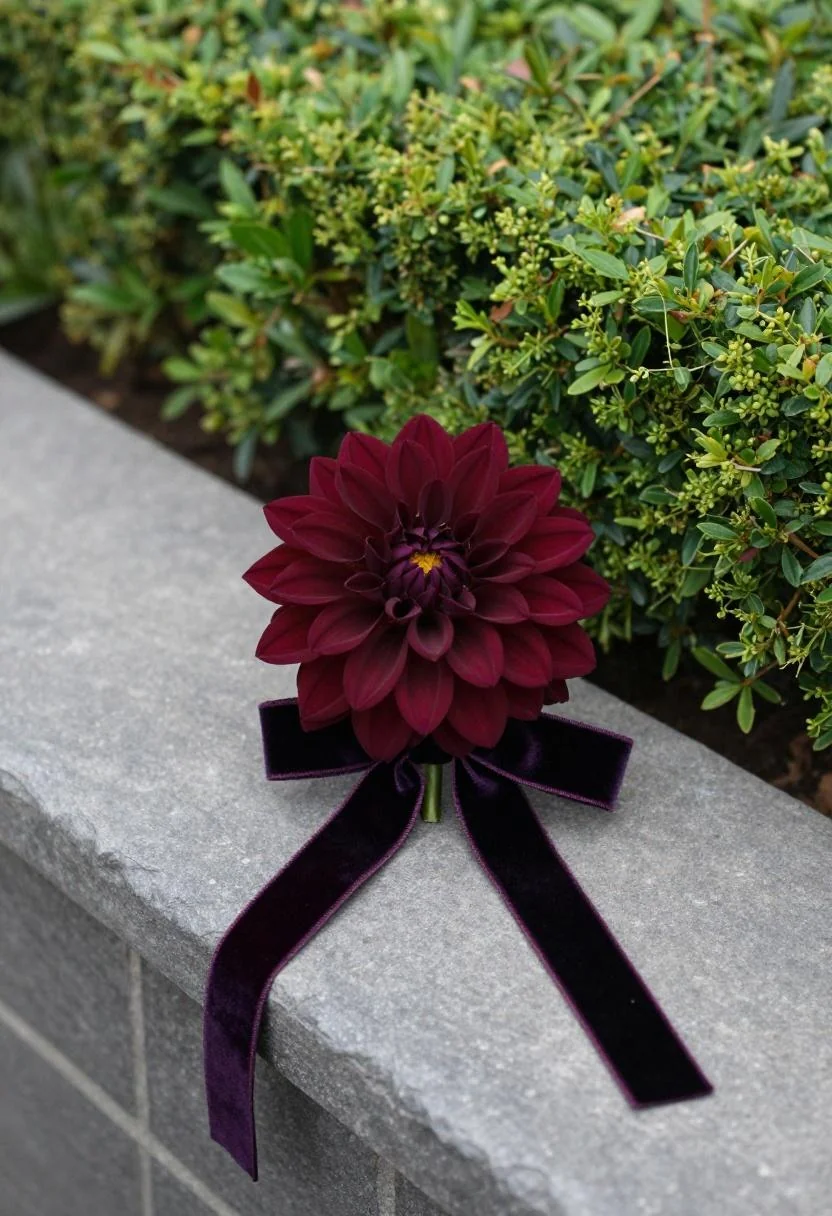 Rich burgundy dahlia boutonniere with plum velvet ribbon against a slate garden stone