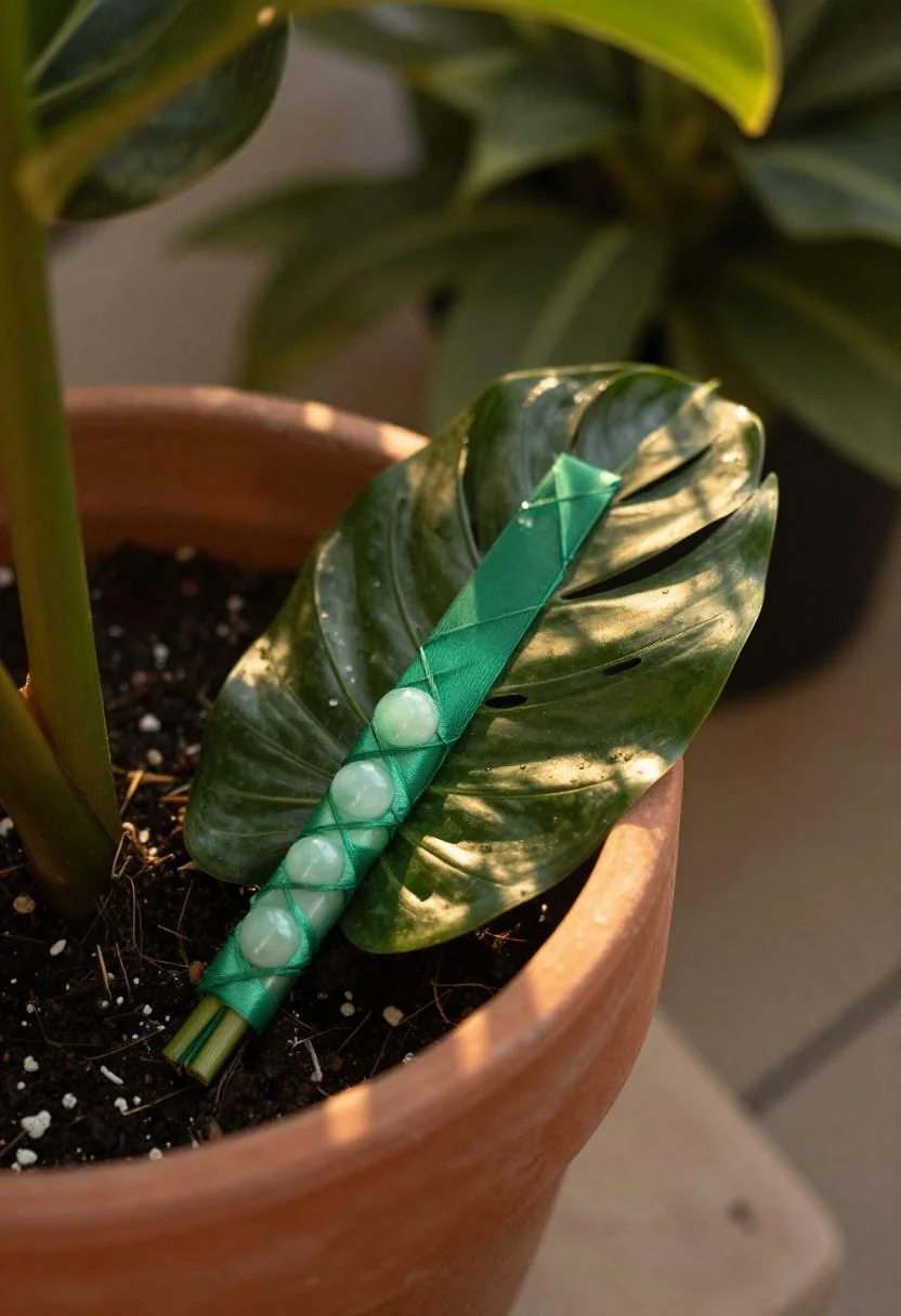 Tropical leaf boutonniere secured with jade green silk on a terracotta garden pot