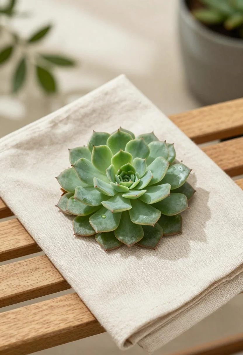 Geometric succulent boutonniere with wasabi echeveria displayed on a linen-covered teak bench