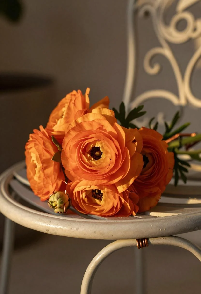 Vibrant persimmon ranunculus boutonniere with copper wire detail on a wrought iron chair