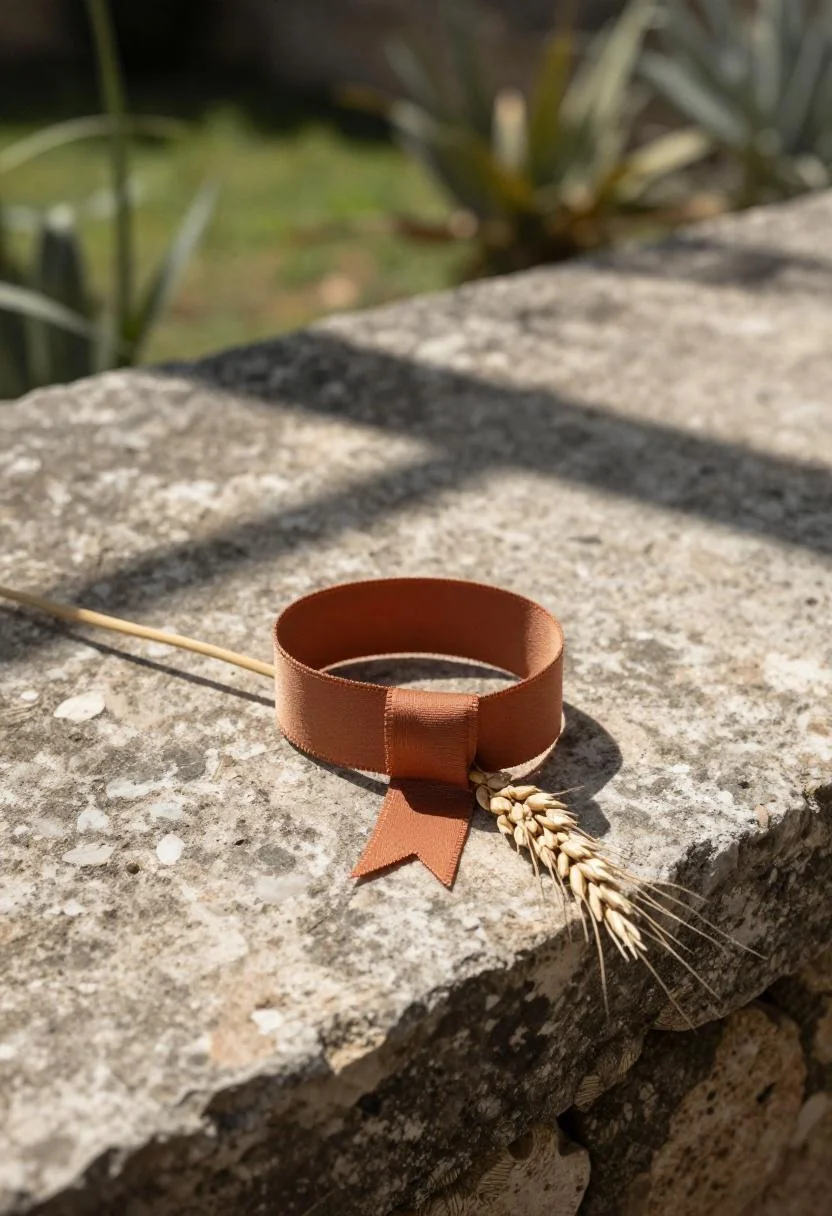 Rustic dried wheat boutonniere tied with warm terracotta ribbon on a limestone garden wall