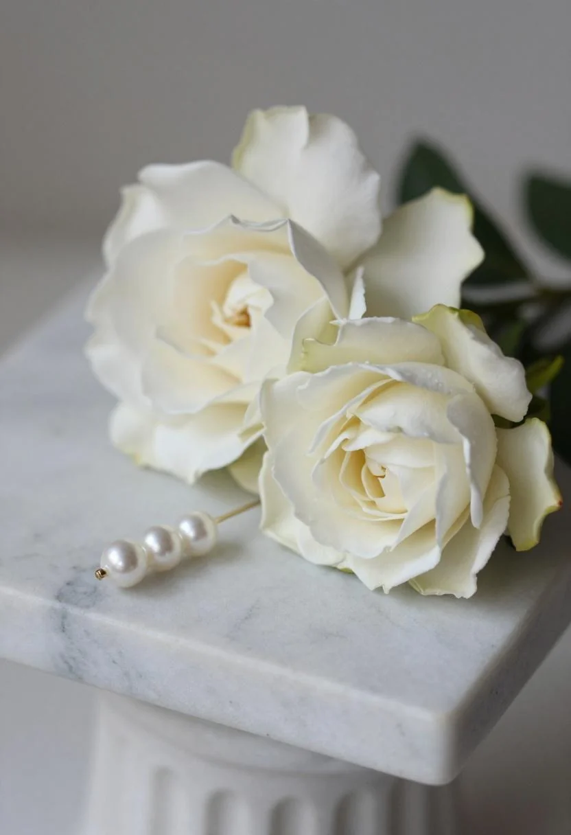 Elegant cream gardenia boutonniere with pearl pin detail on a smooth marble pedestal