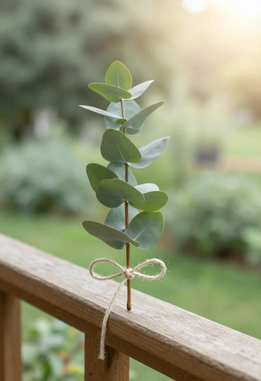 Minimalist sage eucalyptus boutonniere in linen twine on a cedar deck railing