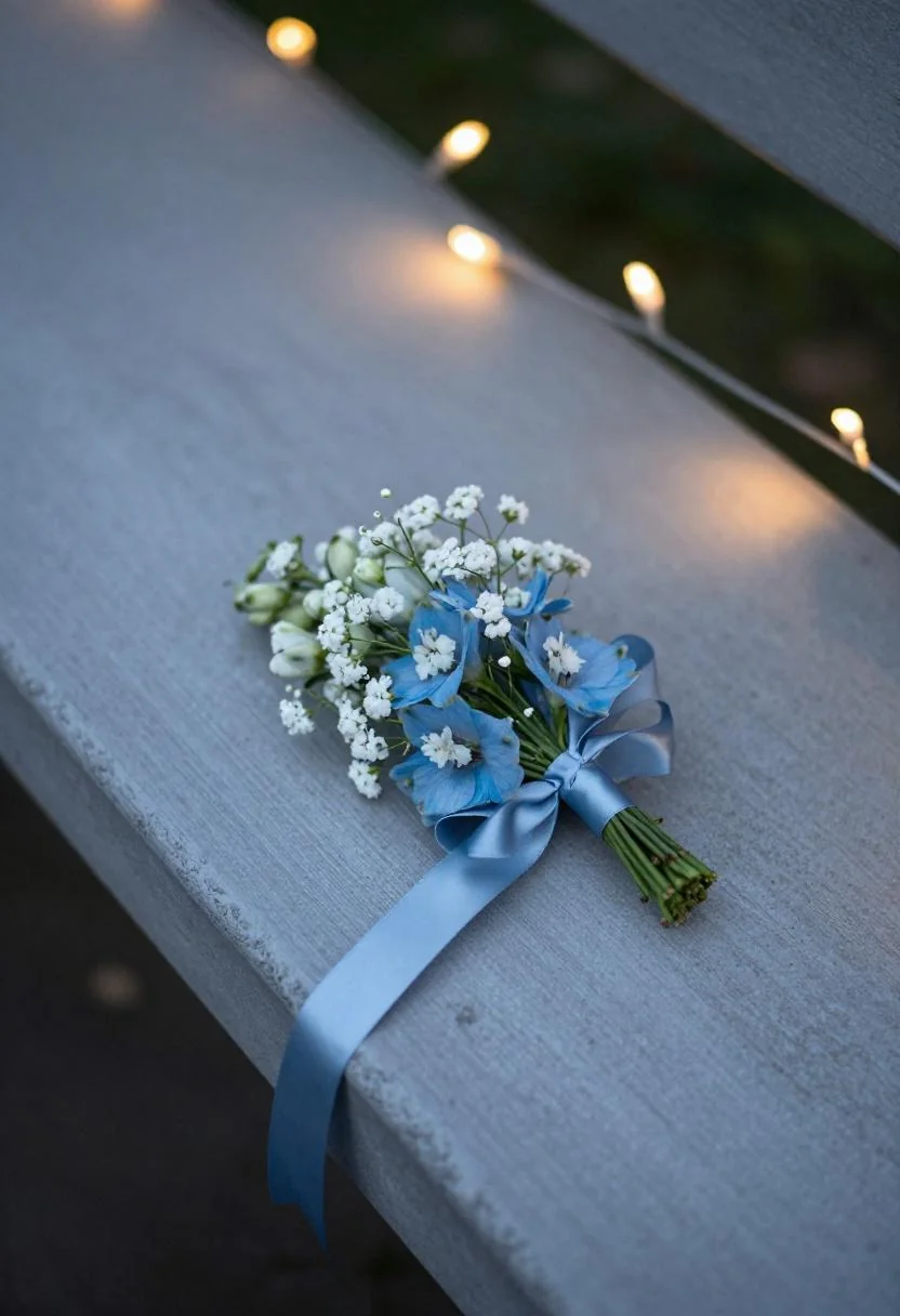 Delicate delphinium boutonniere with cool blue satin ribbon on a concrete garden bench at dusk