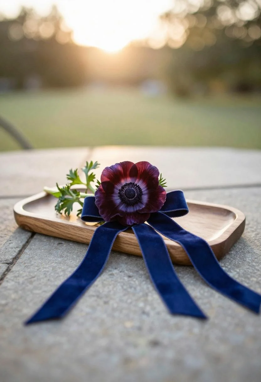Dramatic plum anemone boutonniere on a walnut tray in golden hour garden setting
