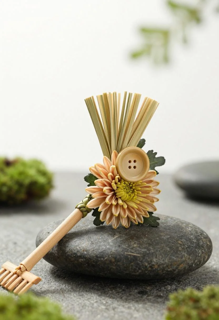 Button chrysanthemum boutonniere in wasabi tones with braided grass on a river stone