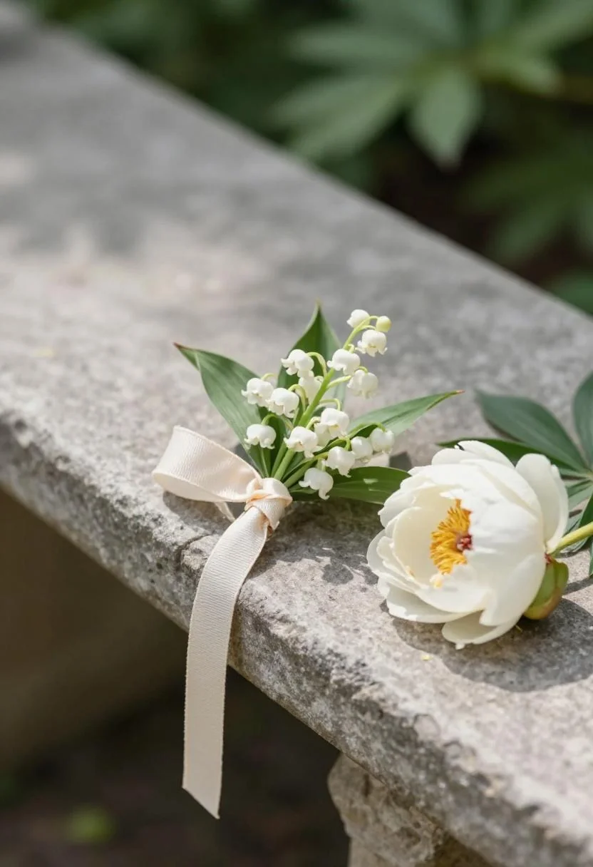 Delicate lily of the valley boutonniere in cream white with ivory ribbon on a limestone bench