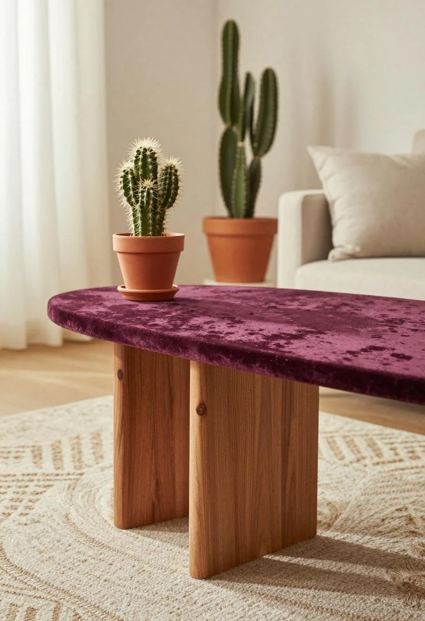 Walnut coffee table with plum noir velvet runner and cactus centerpiece for festive table styling