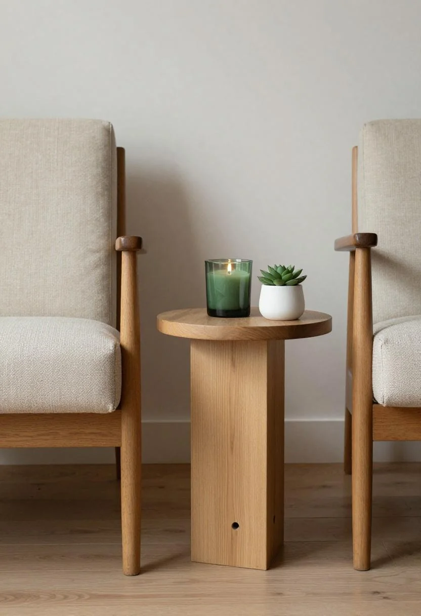 Mid-century armchair with jade green votives and succulent on an oak side table