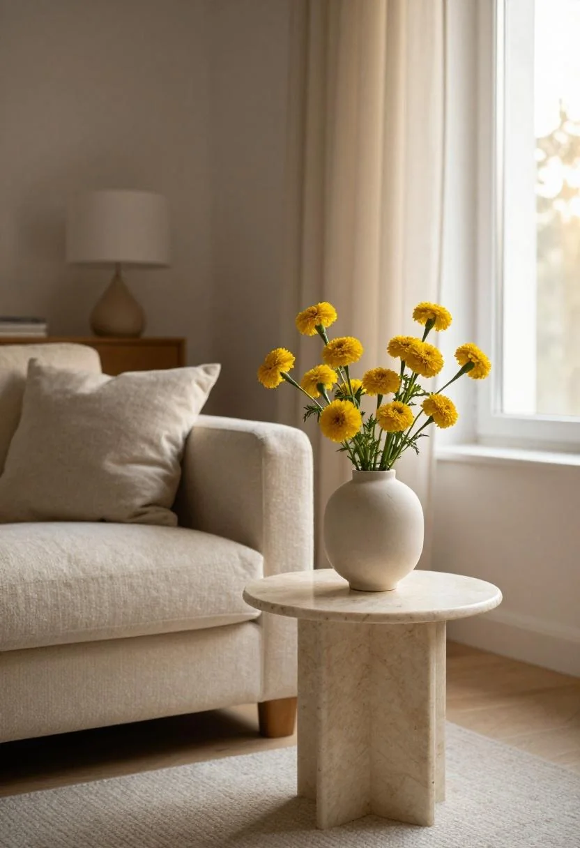 Scandinavian cream sofa accented with wasabi yellow marigolds on a marble side table