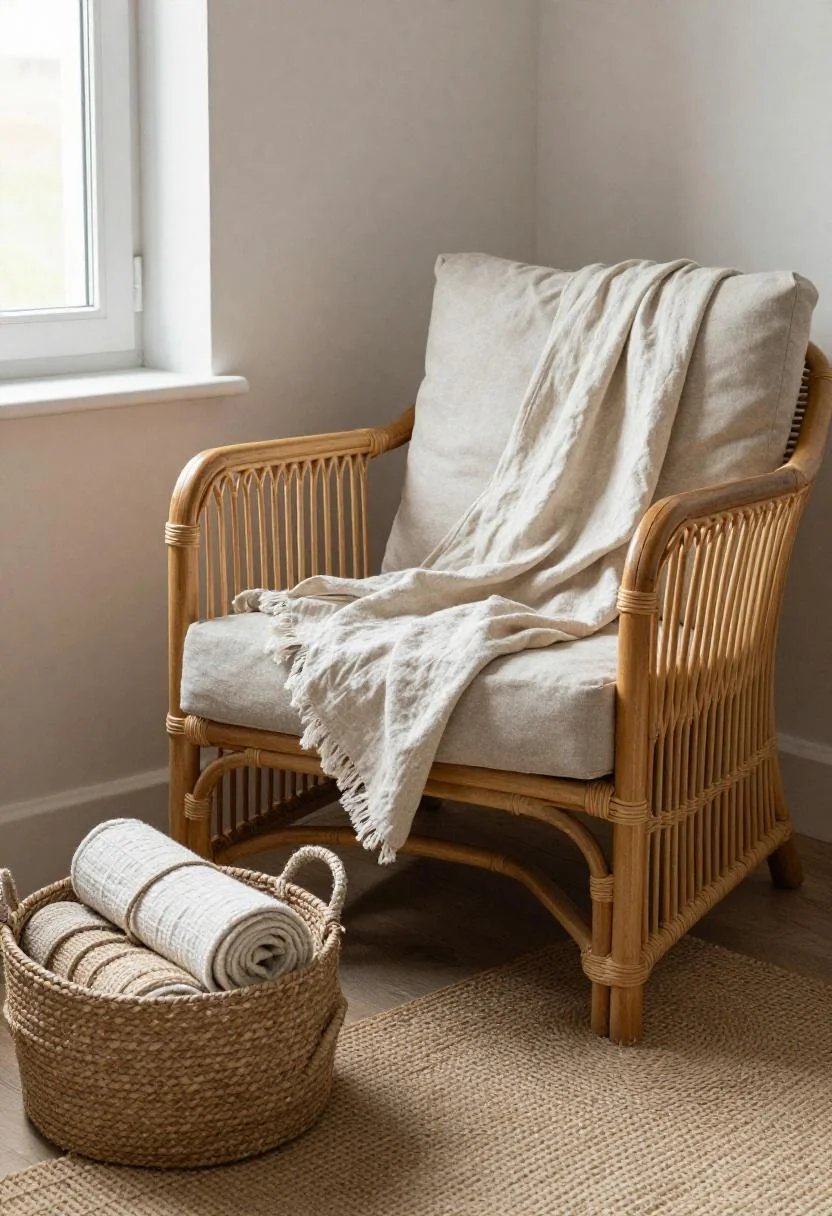 Bohemian rattan chair with persimmon linen throw and jute basket for cozy Cinco de Mayo styling