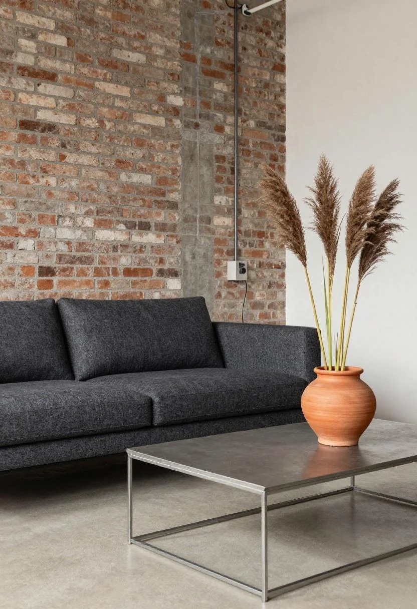 Industrial living room with warm terracotta pampas grass pot beside a steel coffee table