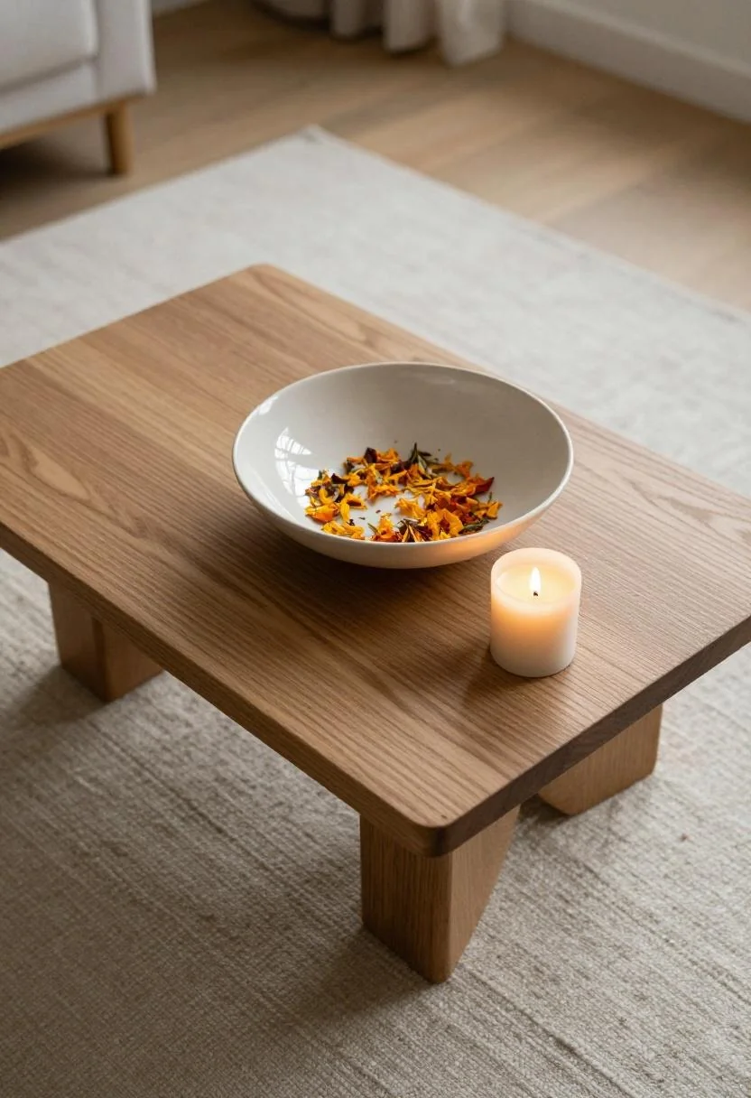 Japandi coffee table with cream white ceramic bowl of dried marigolds and beeswax candle
