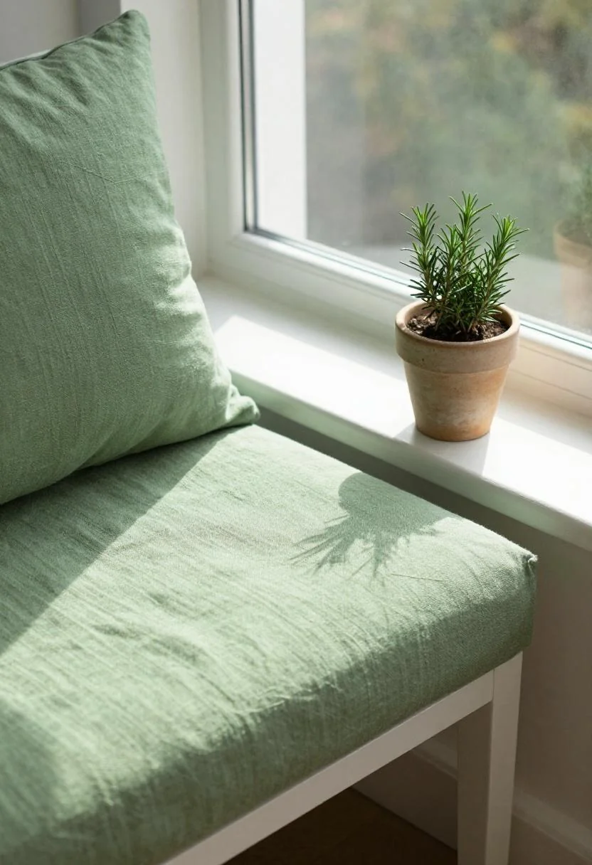 Window seat with sage green linen cushion and clay pot of rosemary in afternoon sunlight