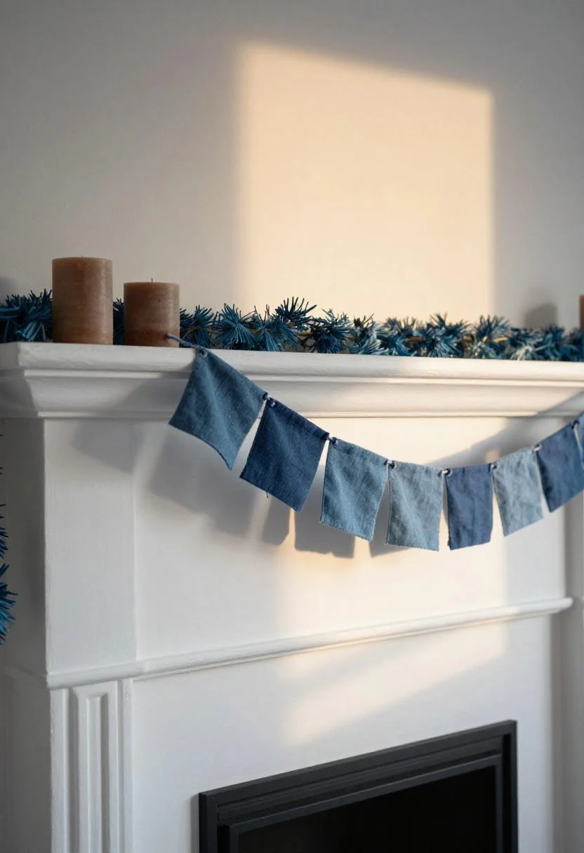 White fireplace mantle with cool blue bunting garland and terracotta candles for Cinco de Mayo