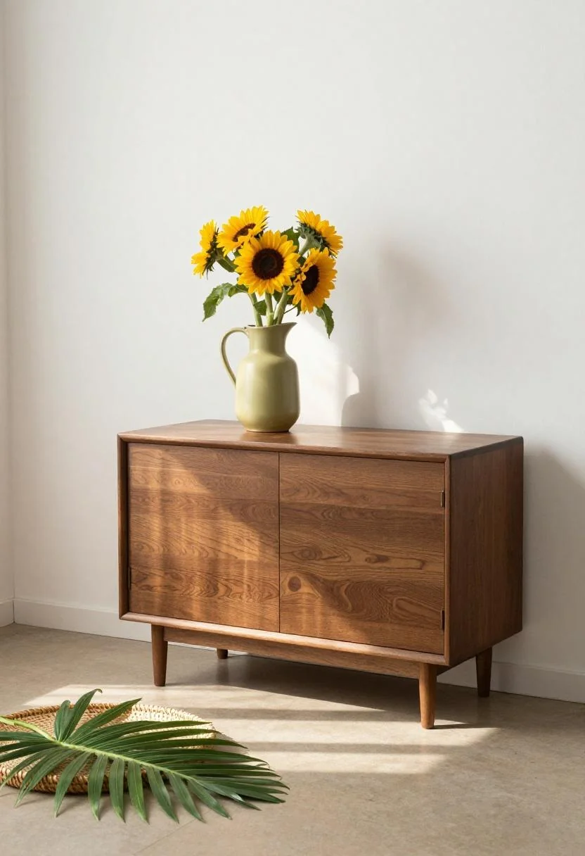 Mid-century walnut sideboard with wasabi ceramic pitcher of sunflowers for festive Cinco de Mayo decor