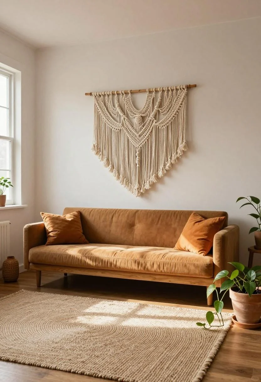 Bohemian living room with persimmon macrame wall hanging above a teak sofa